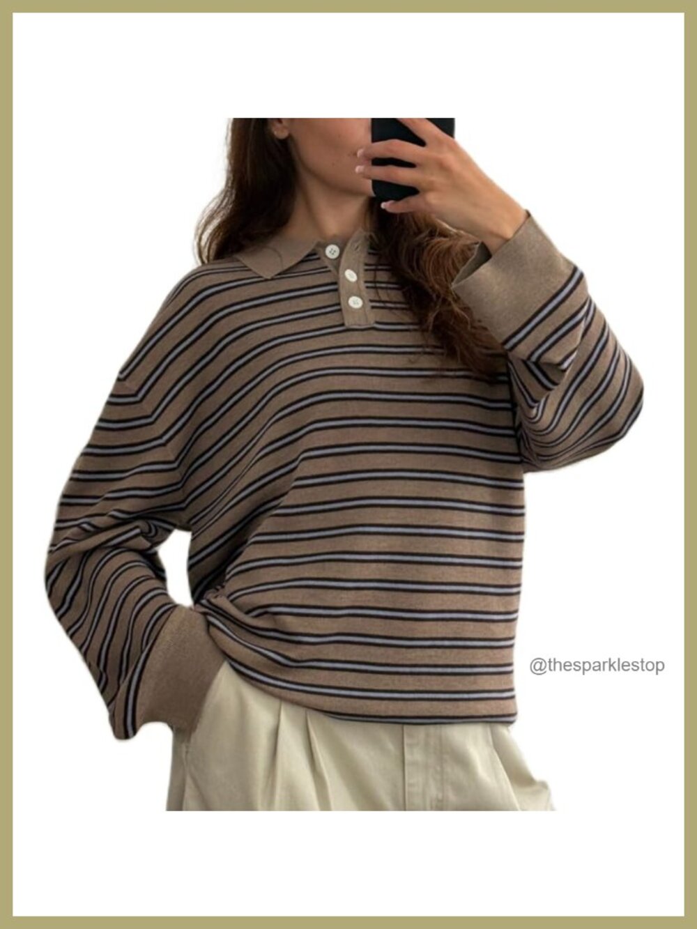 Striped Knit Polo Sweater Long Sleeve Pullover Oversized Rugby